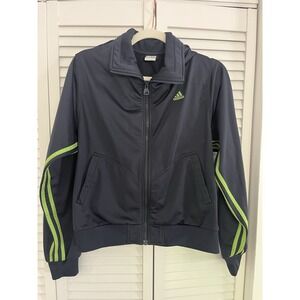Adidas Retro Track Jacket Navy Blue Women Sz Med Embroidered Logo Stripes Green